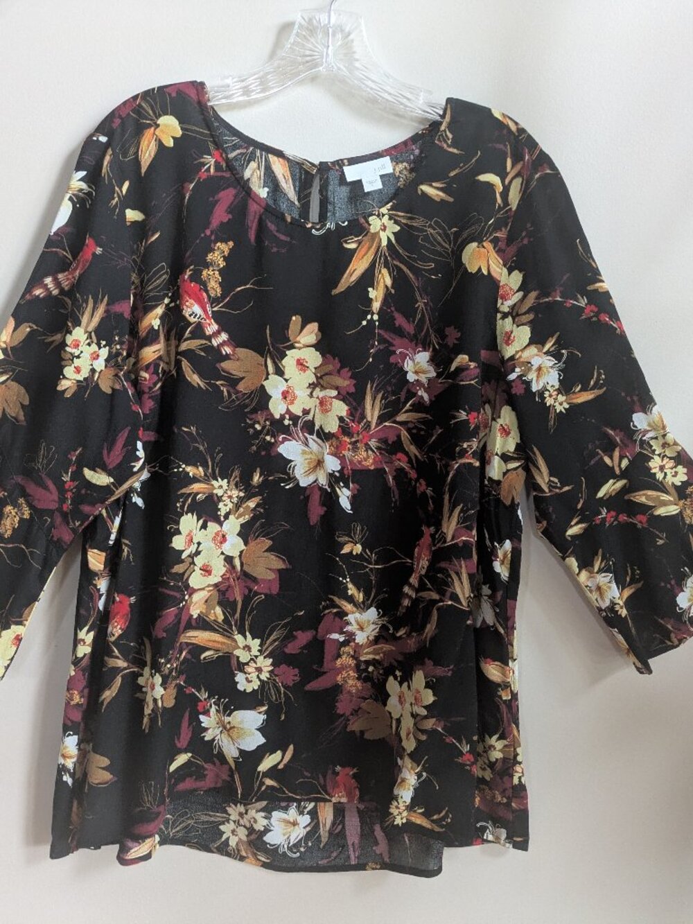j. jill woman's top black red floral bird size L bell sleeve dark romantic #695